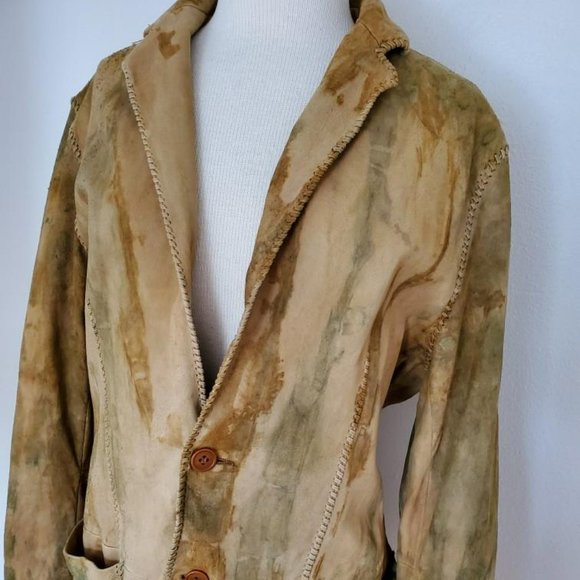 John Varvatos leather coat Med Large brown gray tan beige tie dyed blazer 52 54 - Picture 2 of 10